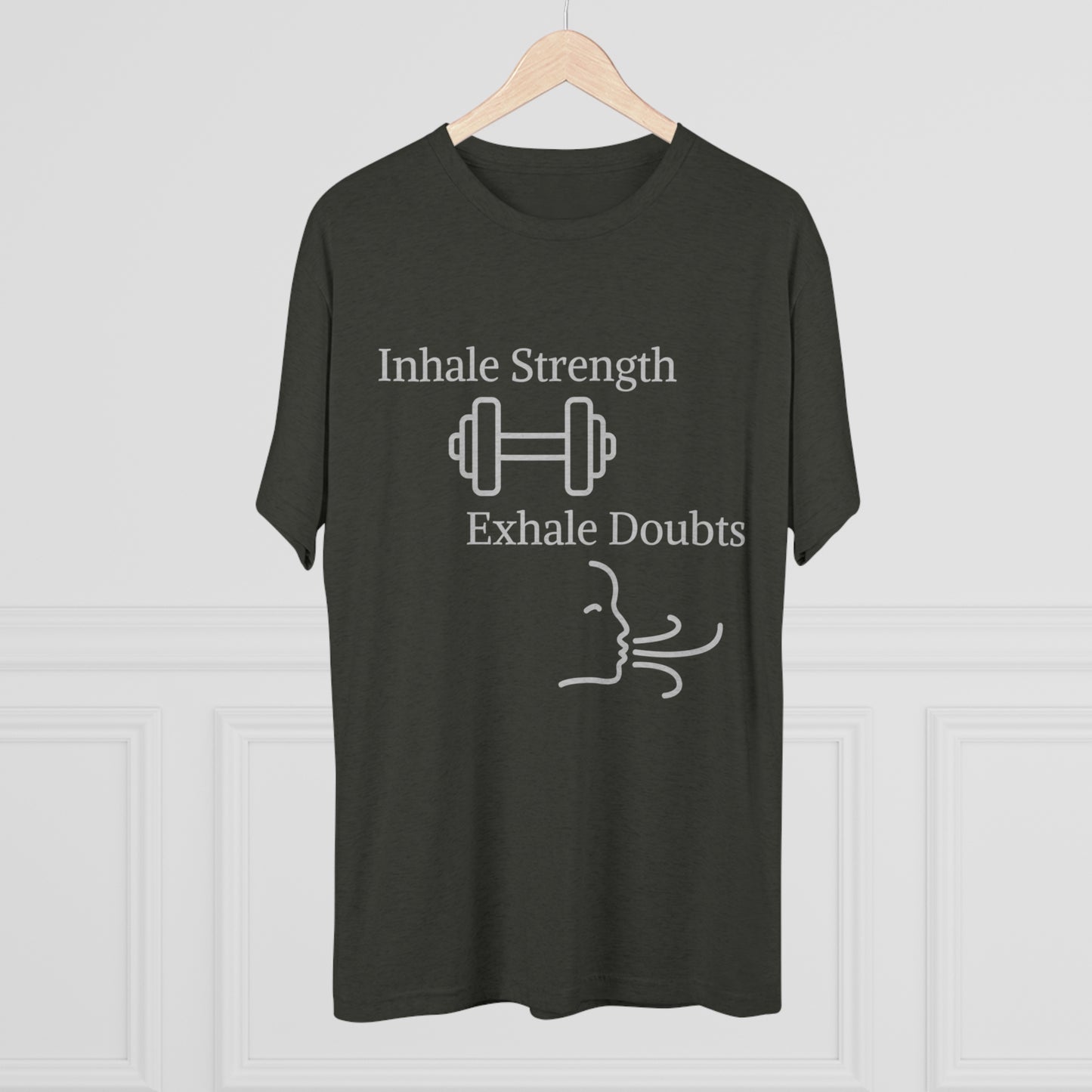 Replace the product in the sentence with the given product name and brand name:

A Printify Inhale Strength Exhale Doubt w Images - Unisex Tri-Blend Crew Tee with white text and graphics that read "inhale strength exhale doubts" above an image of a barbell and a stylized person in a lotus position meditating.