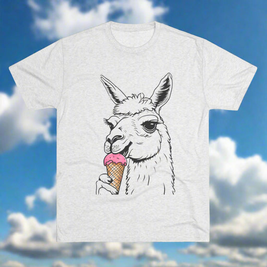 A light gray t-shirt from the Blue Sky Runners collection, featuring a black and white illustration of a llama eating a pink ice cream cone with a waffle cone. The Llama Lickin’ Good Tee - Tri-Blend Crew Tee - Unisex Fit by Printify is crafted using sustainable practices, ensuring both style and eco-friendliness.
