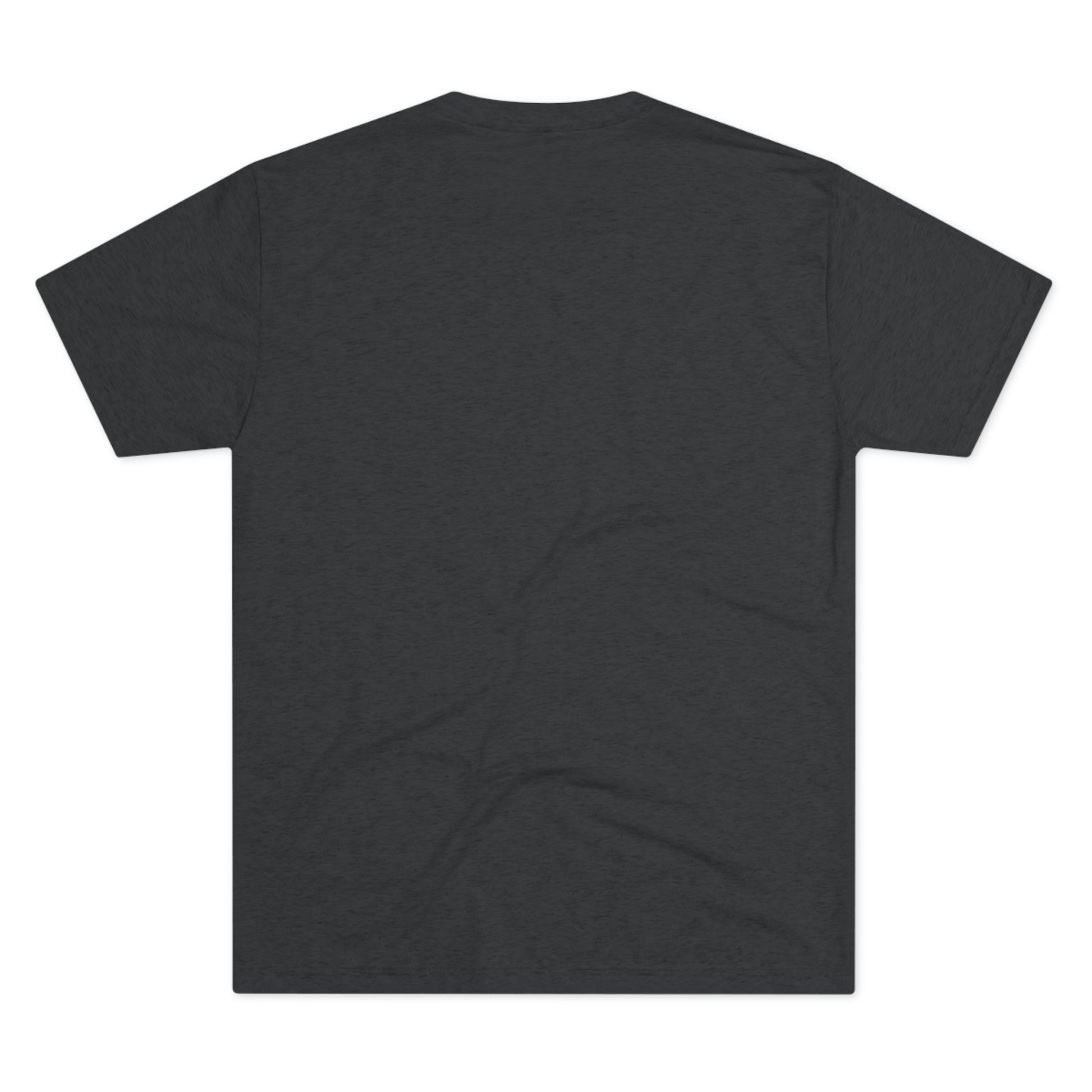 A plain dark gray Inhale Strength Exhale Doubt w Images - Unisex Tri-Blend Crew Tee by Printify displayed from the back on a flat surface with no visible designs or logos.