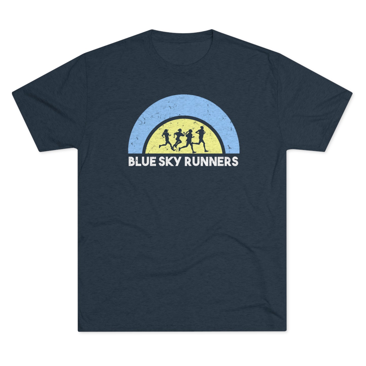 The Blue Sky Unisex Tri-Blend Crew Tee by Printify in navy blue features a graphic of four runners in silhouette inside a semi-circle, with the text "Blue Sky Runners" below. Made from tri-blend fabric, this high-quality regular fit tee boasts a gradient from blue at the top to yellow at the bottom.