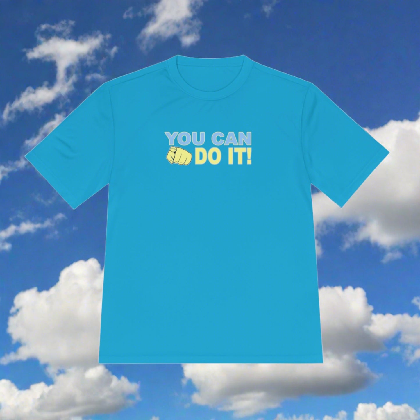 A blue men's Printify You Can Do It competitor tee with the motivational phrase "you can do it!" printed in black letters, accompanied by an illustration of a clenched fist, positioned on the upper chest area.