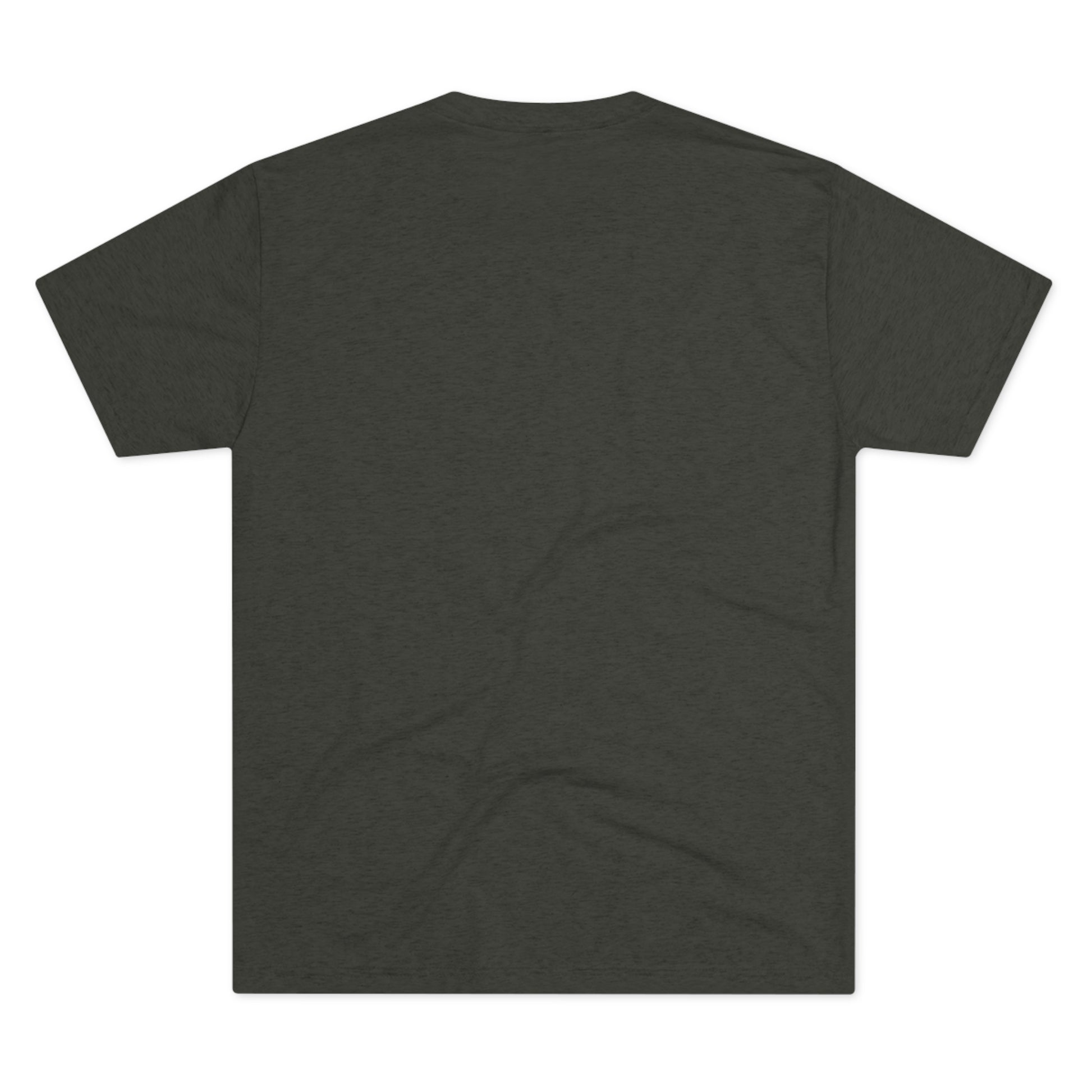 Back view of a plain charcoal gray Inhale Strength Exhale Doubt w Images - Unisex Tri-Blend Crew Tee displayed on a flat surface without any visible designs or logos by Printify.