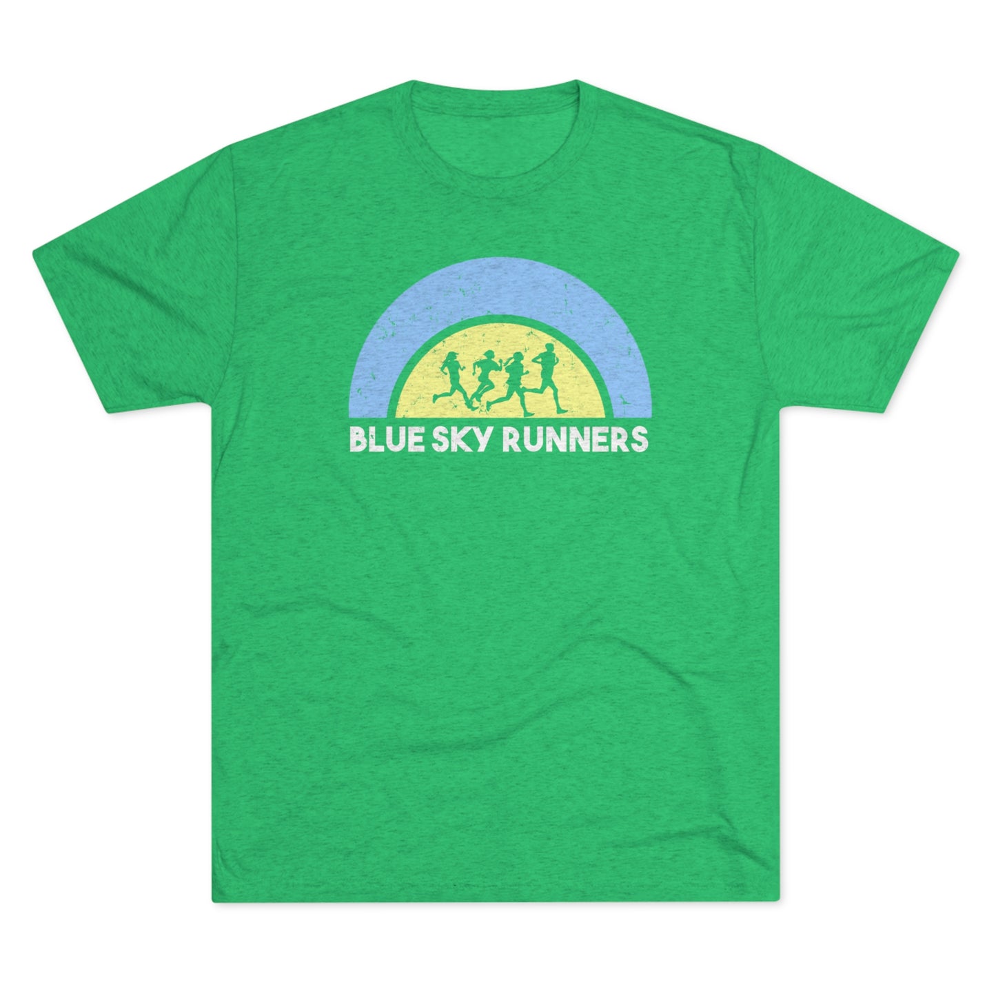 A high-quality regular fit tee featuring a retro-style design of three figures running under a semi-circle blue and yellow arch. Made from soft tri-blend fabric, the text "BLUE SKY RUNNERS" appears below the figures, making it the perfect Printify Blue Sky Unisex Tri-Blend Crew Tee.