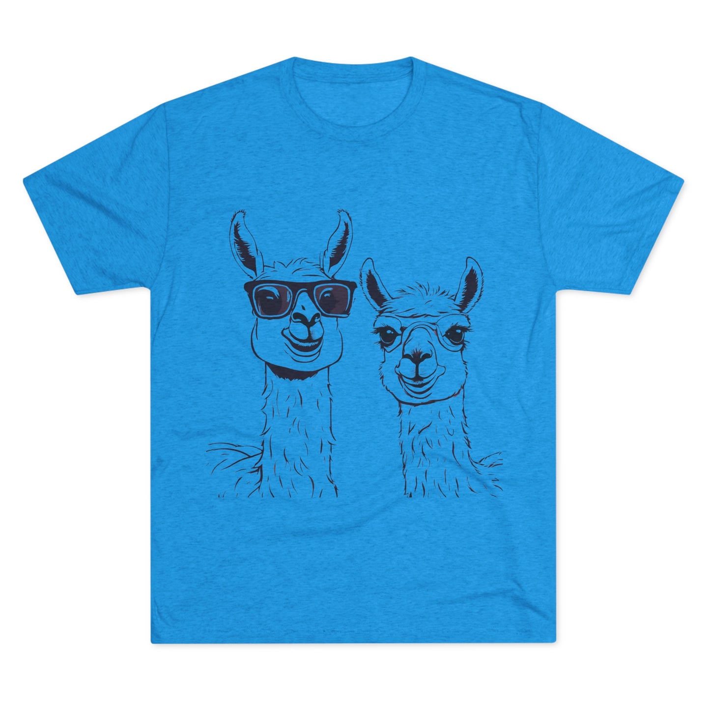 A blue Llamas - Tri-Blend Crew Tee - Unisex Fit by Printify featuring a drawing of two llamas. The llama on the left is wearing sunglasses and smiling, while the llama on the right has a content expression. The illustration is in black outlines with minimal detail, perfect for your "No Drama Llama" vibe.