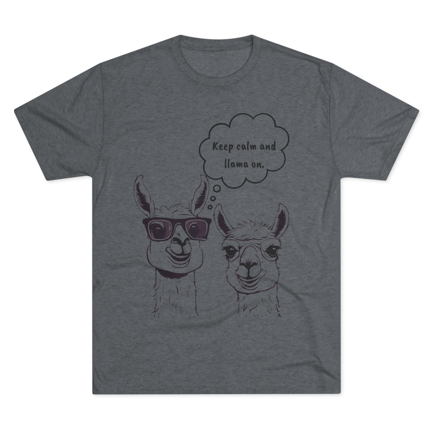 Gray t-shirt featuring two illustrated llamas. The left llama wears sunglasses with a speech bubble reading, "Keep calm and llama on." Made from breathable fabric, this casual black print design is perfect for any relaxed day.

Product: Keep Calm and Llama On - Tri-Blend Crew Tee - Unisex Fit
Brand: Printify