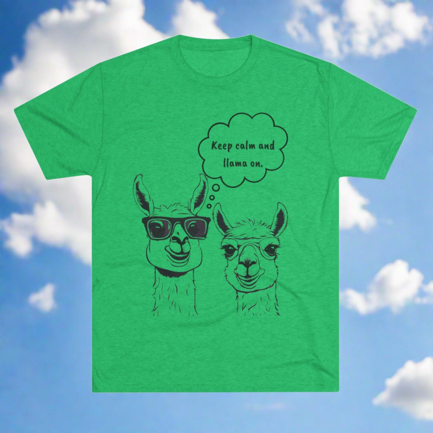 A green, breathable fabric T-shirt featuring a cartoon drawing of two llamas. The llama on the left is wearing sunglasses, and the llama on the right has a blank expression. A thought bubble above the llamas reads, "Keep calm and llama on." This Printify Keep Calm and Llama On - Tri-Blend Crew Tee - Unisex Fit adds a fun twist to your wardrobe.