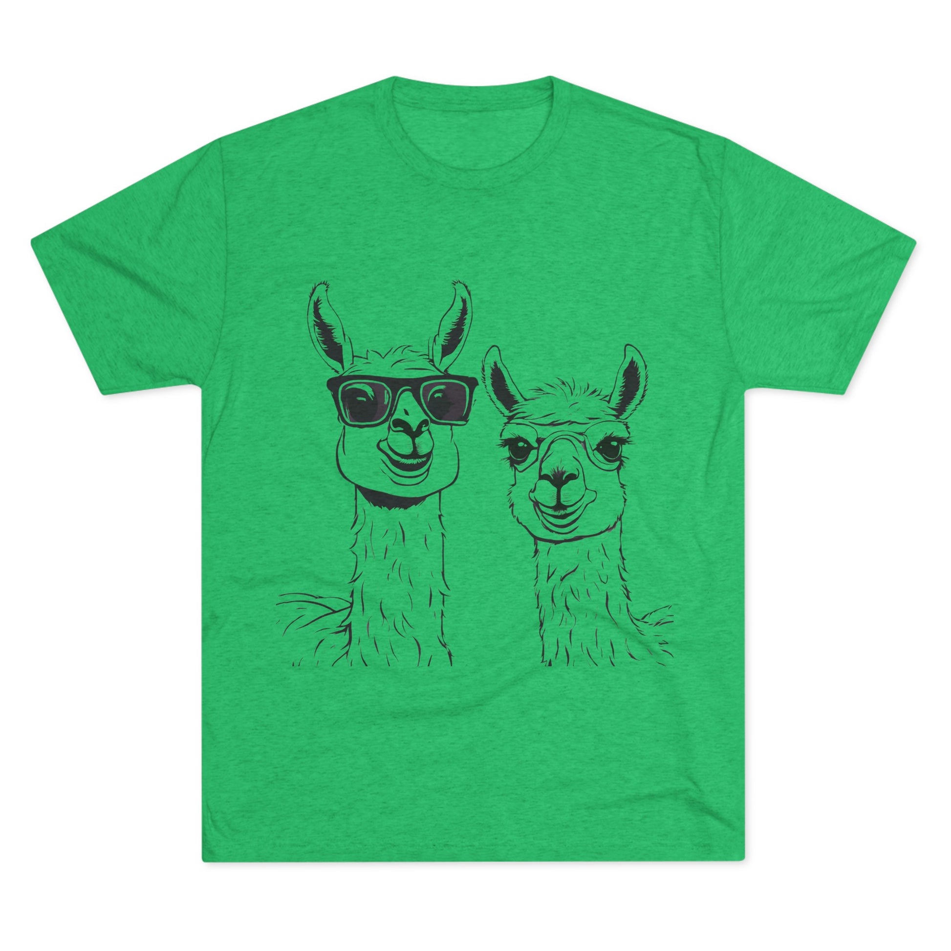 The green Printify Llamas - Tri-Blend Crew Tee - Unisex Fit showcases a black line drawing of two llamas. The llama on the left sports sunglasses, while the one on the right maintains a neutral expression. Perfect for those who appreciate llama love, these quirky llamas are depicted from the chest up.