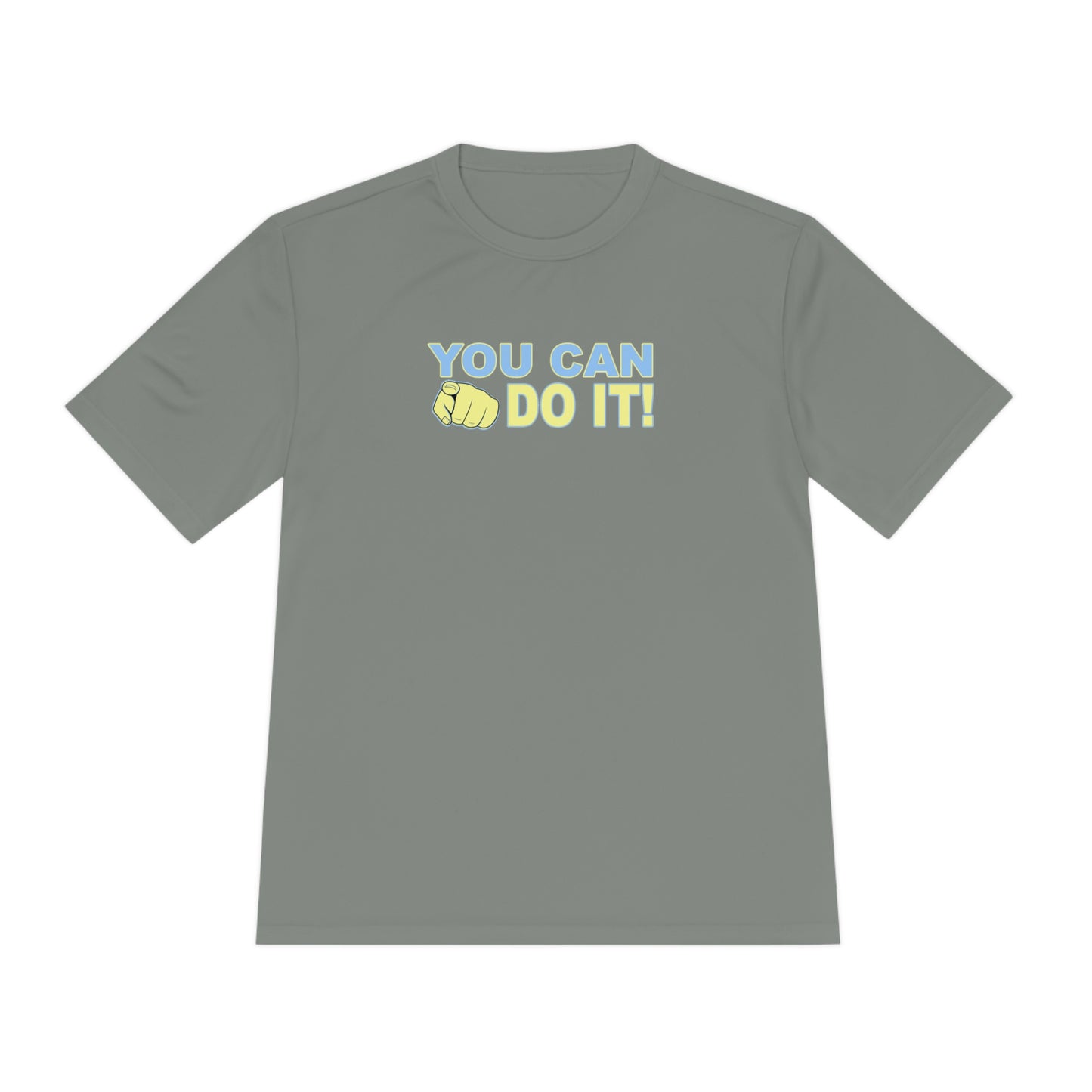 A You Can Do It - Men's Competitor Tee in plain gray featuring the motivational phrase "you can do it!" printed in bold yellow letters at the center, accompanied by a small graphic of a clenched fist by Printify.