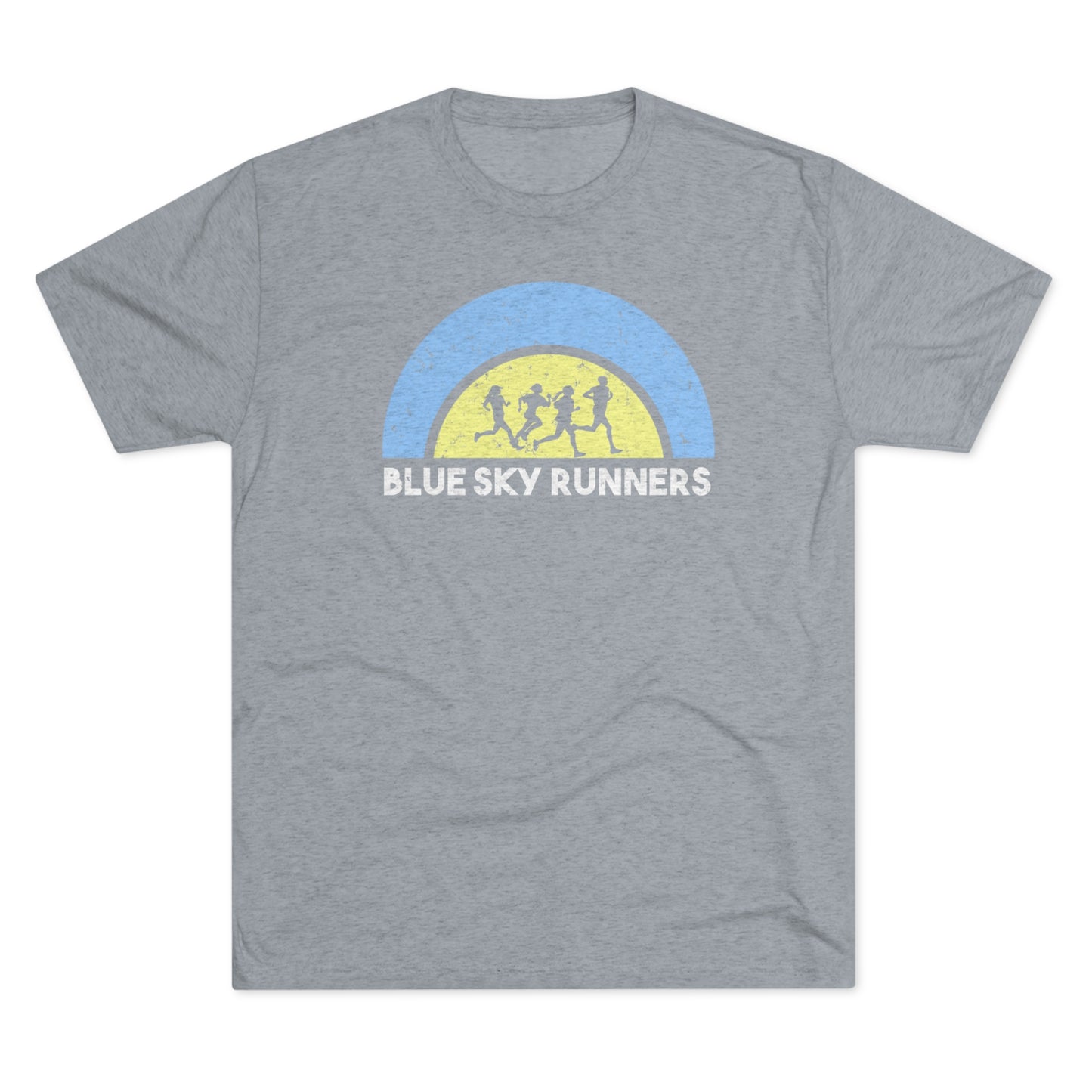 A high quality regular fit tee in gray featuring a Blue Sky Runner Logo graphic of three runners silhouetted against a yellow and blue semi-circle, resembling a sunrise. Made from tri-blend fabric, it has a crew neck and short sleeves with "BLUE SKY RUNNERS" printed below the graphic. Introducing the **Blue Sky Unisex Tri-Blend Crew Tee** by **Printify**.