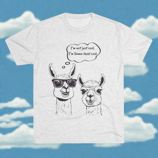 The Llama Level Cool - Tri-Blend Crew Tee - Unisex Fit, made by Printify, a soft cotton blend, showcases two illustrated llamas. One llama rocks black sunglasses and proclaims, "I'm not just cool, I'm llama-level cool." The background depicts a clear blue sky with white clouds. Perfect for Blue Sky Runners fans.