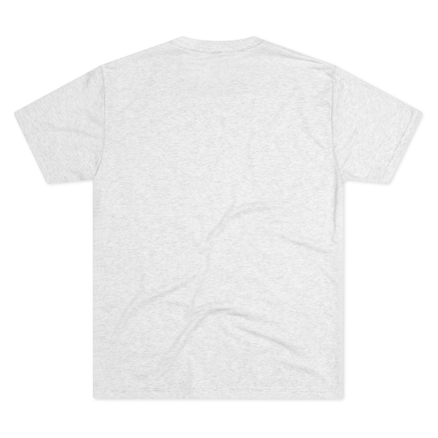 The "Unleash your inner doggie" Tri-Blend Crew Tee from Printify, in a plain, light gray color with short sleeves, is laid flat with the back side facing up. The fabric appears smooth and the shirt features a simple, unadorned design without any visible logos or patterns. This stylish tee embodies sustainable practices for a more eco-friendly wardrobe option.