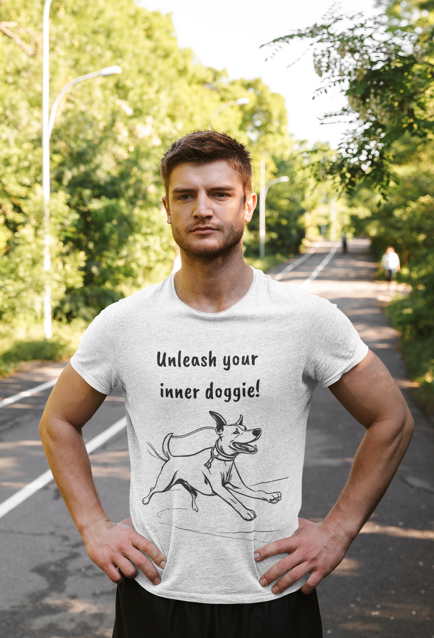 A man stands confidently on a tree-lined road wearing the Printify "Unleash Your Inner Doggie" Tri-Blend Crew Tee in a unisex fit. The playful design features a cartoon dog along with the text "Unleash your inner doggie!" With his hands on his hips, he gazes directly at the camera. The lush, green background indicates a sunny day outdoors.