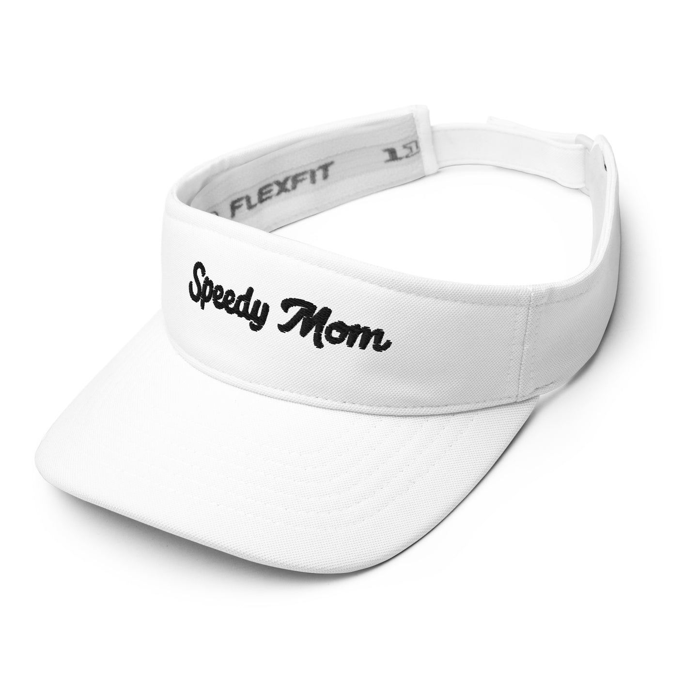 A stylish present for the active mom, this white "Speedy Mom Visor" features black embroidery on the front. The brand "Blue Sky Runners" is clearly visible on the inner band, adding a touch of quality. It's perfectly positioned on a white surface.